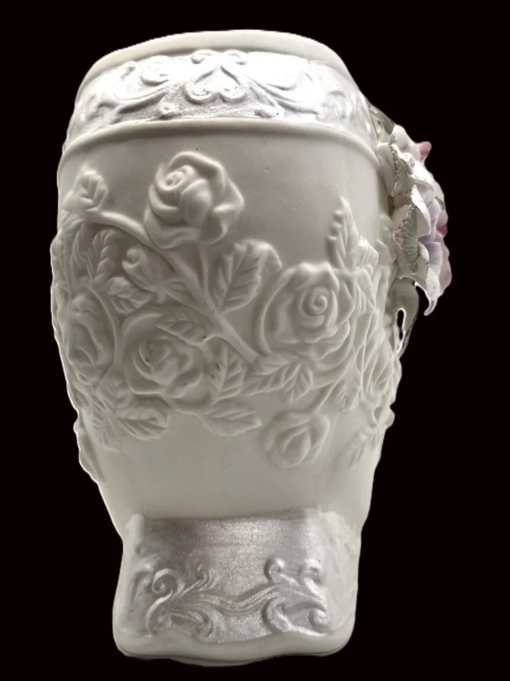 Capodimonte Style Heart Shaped Bisque Vase with Applied Flowers